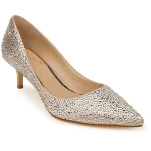 JEWEL BADGLEY MISCHKA Champagne Satin FRENCHIE Rhinestone Pointy Kitten Heel NEW
